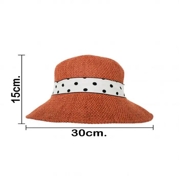 Sombrero tejido naranja con listón blanco y puntos negros de 30x30x15cm - Image 4