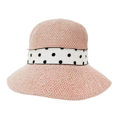 Sombrero tejido rosa con listón blanco y puntos negros de30x30x15cm