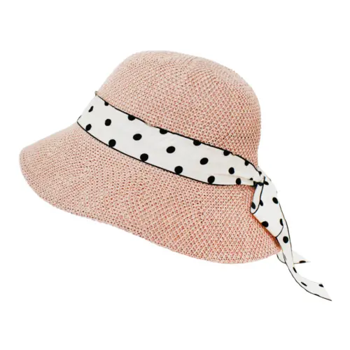 Sombrero tejido rosa con listón blanco y puntos negros de30x30x15cm