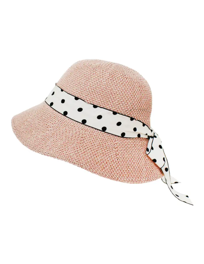 Sombrero tejido rosa con listón blanco y puntos negros de30x30x15cm - Image 2