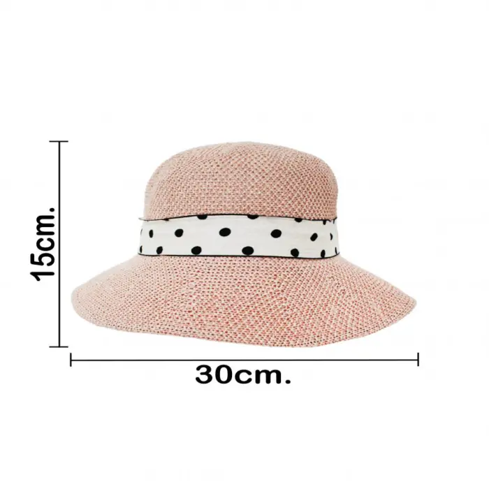Sombrero tejido rosa con listón blanco y puntos negros de30x30x15cm - Image 4