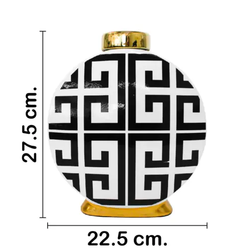 Tibor de cerámica negro con blanco diseño zig zag de 11x22x28cm