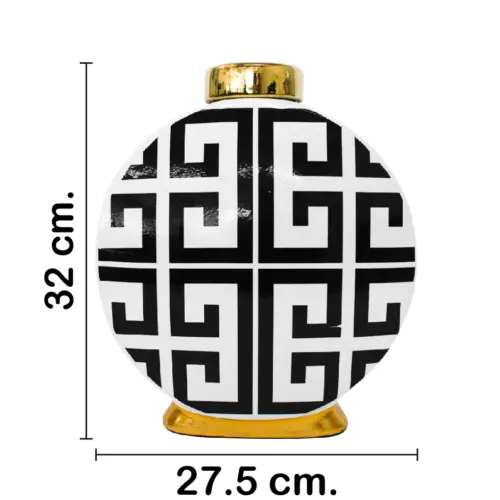 Tibor de cerámica negro con blanco diseño zig zag de 11x25x32cm
