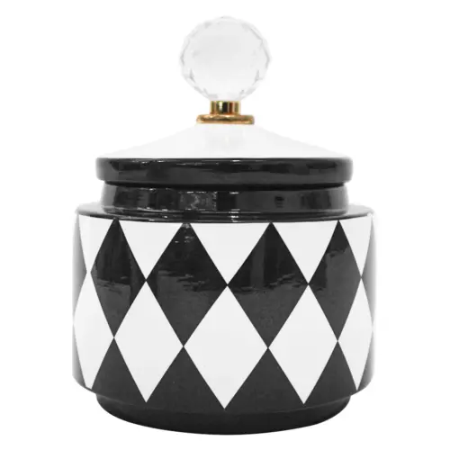 Tibor de cerámica negro con blanco diseño rombos de 13x13x17cm