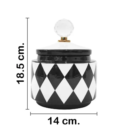 Tibor de cerámica negro con blanco diseño rombos de 13x13x17cm