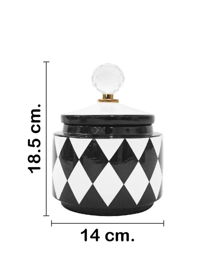 Tibor de cerámica negro con blanco diseño rombos de 13x13x17cm - Image 2