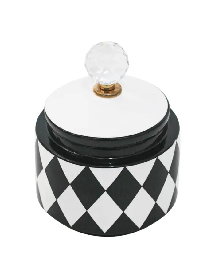 Tibor de cerámica negro con blanco diseño rombos de 13x13x17cm - Image 4
