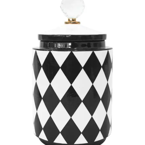 Tibor de cerámica negro con blanco diseño rombos de 12x12x25cm