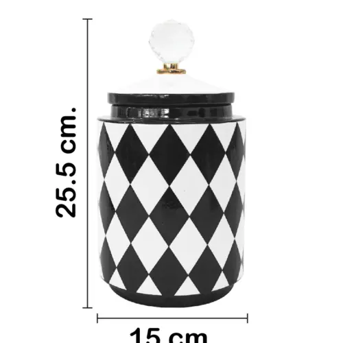 Tibor de cerámica negro con blanco diseño rombos de 12x12x25cm