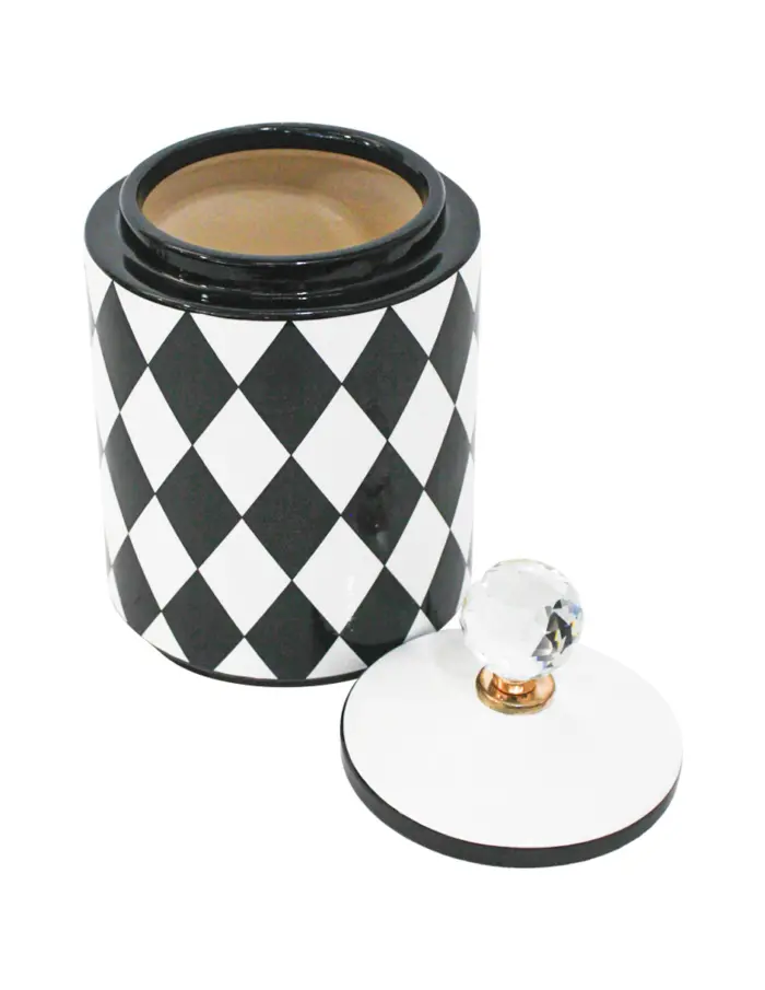 Tibor de cerámica negro con blanco diseño rombos de 12x12x25cm - Image 3
