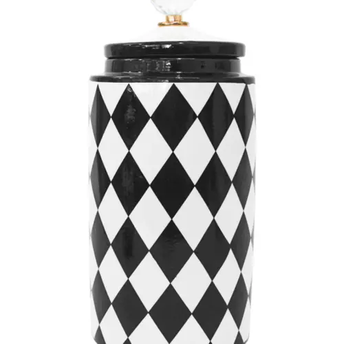 Tibor de cerámica negro con blanco diseño rombos 13x13x33.5cm