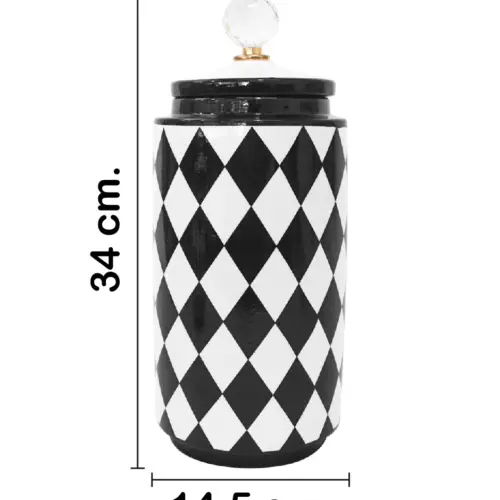Tibor de cerámica negro con blanco diseño rombos 13x13x33.5cm