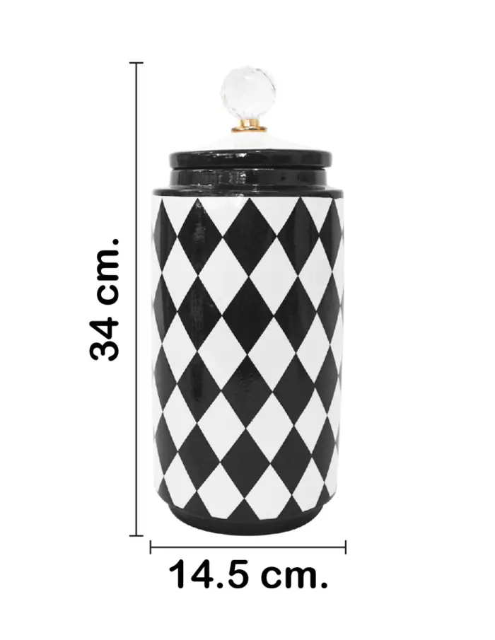 Tibor de cerámica negro con blanco diseño rombos 13x13x33.5cm - Image 2