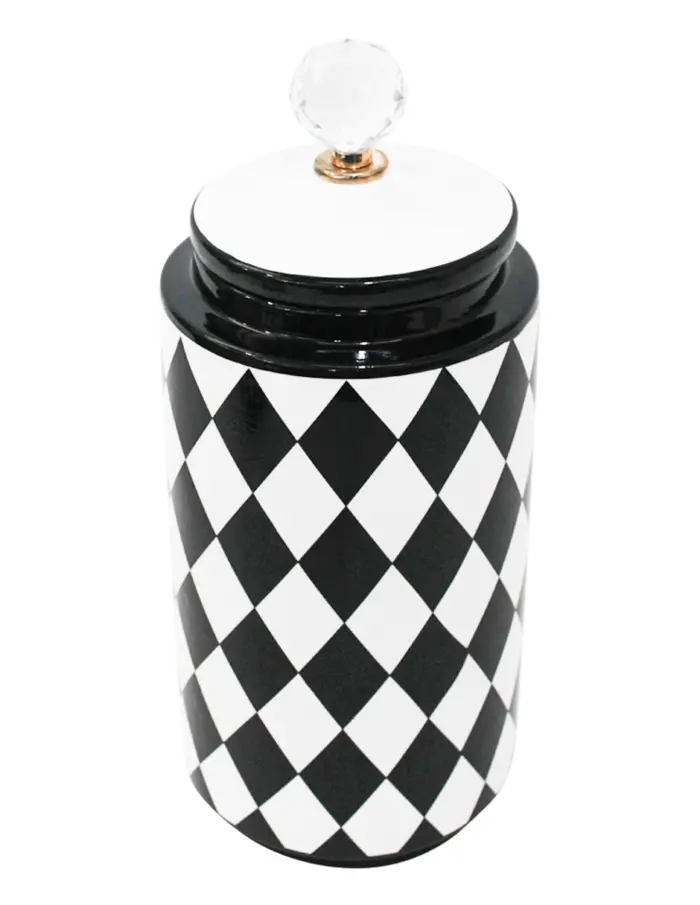 Tibor de cerámica negro con blanco diseño rombos 13x13x33.5cm - Image 4