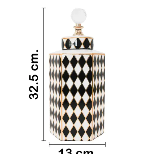 Tibor de cerámica negro con blanco diseño rombos de 11x11x31cm