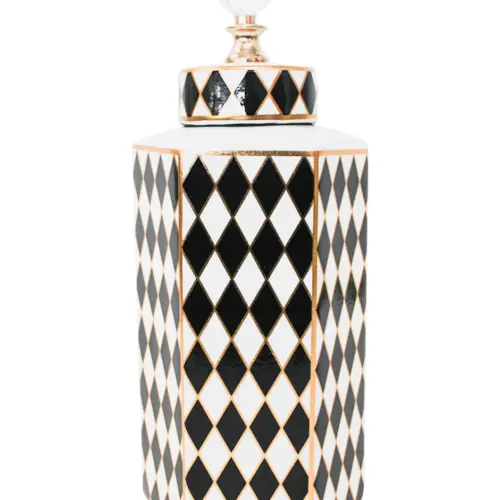 Tibor de cerámica negro con blanco diseño rombos de 12.3×12.3x35cm