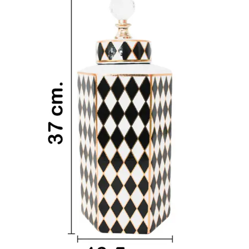 Tibor de cerámica negro con blanco diseño rombos de 12.3×12.3x35cm
