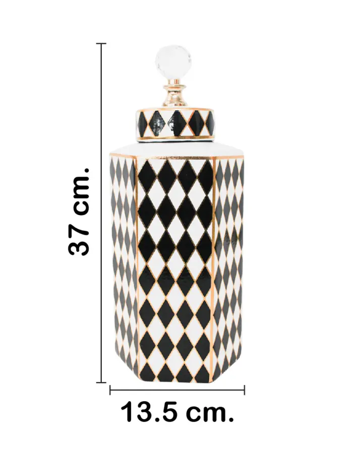 Tibor de cerámica negro con blanco diseño rombos de 12.3x12.3x35cm - Image 2
