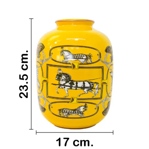 Tibor de cerámica amarillo diseño caballos de 16.3×16.3x23cm