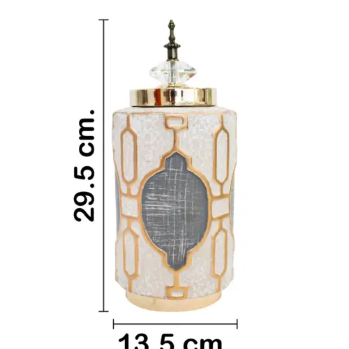 Tibor de cerámica beige con dorado y tapa imitacion diamante de 12x12x28cm