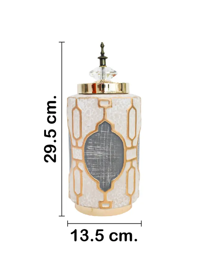 Tibor de cerámica beige con dorado y tapa imitacion diamante de 12x12x28cm - Image 2