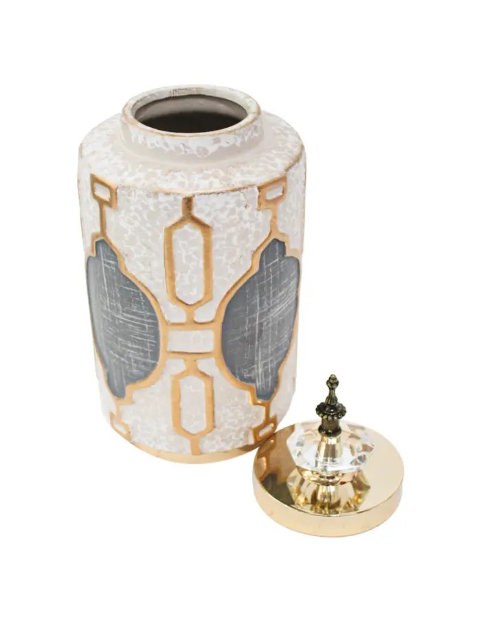 Tibor de cerámica beige con dorado y tapa imitacion diamante de 12x12x28cm - Image 3