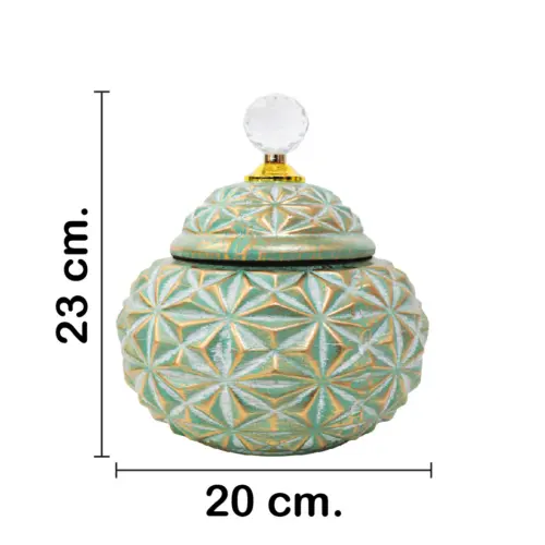Tibor de cerámica verde con dorado de 12x12x23cm