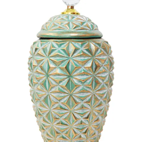 Tibor de cerámica verde con dorado de 18x18x34cm