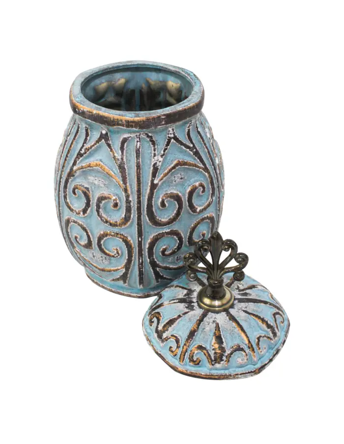 Tibor de cerámica azul con dorado diseño grecas de 19x19x33cm - Image 3