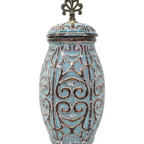 Tibor de cerámica azul con dorado diseño grecas de 19x19x41cm