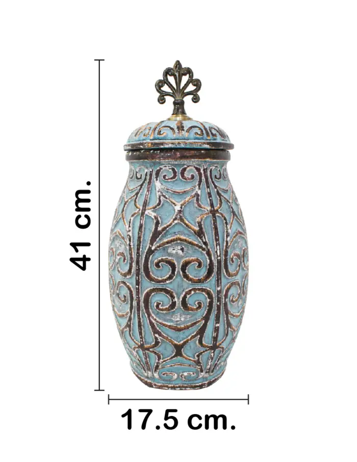 Tibor de cerámica azul con dorado diseño grecas de 19x19x41cm - Image 2