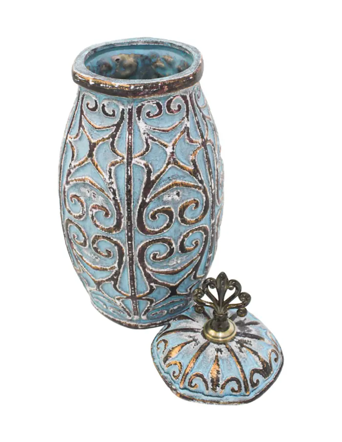 Tibor de cerámica azul con dorado diseño grecas de 19x19x41cm - Image 3