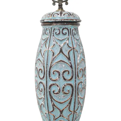 Tibor de cerámica azul con dorado diseño grecas de 19x19x48cm