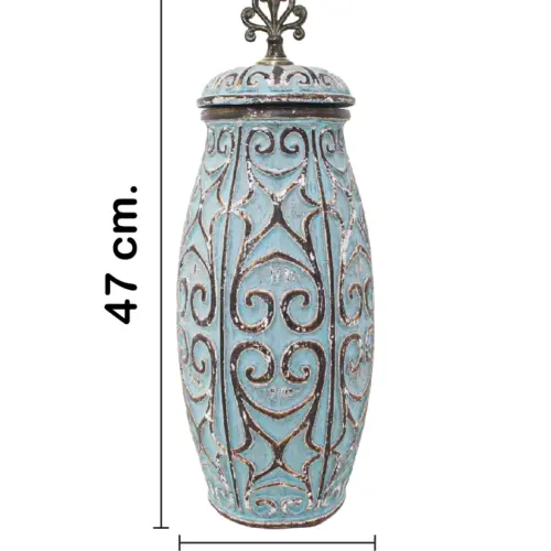 Tibor de cerámica azul con dorado diseño grecas de 19x19x48cm