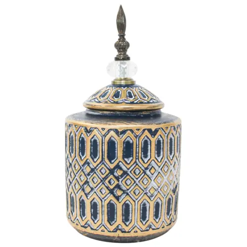 Tibor de cerámica azul con dorado diseño rombos de 15.8×15.8x31cm