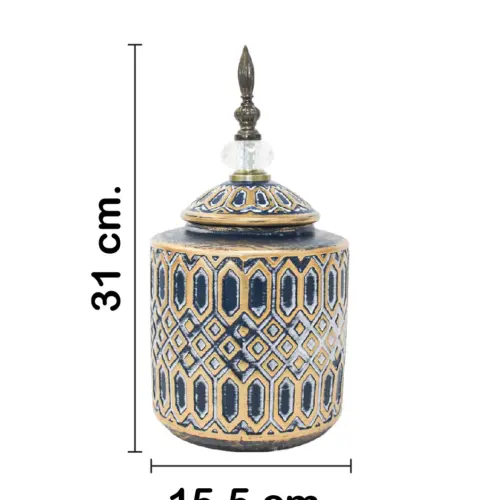Tibor de cerámica azul con dorado diseño rombos de 15.8×15.8x31cm
