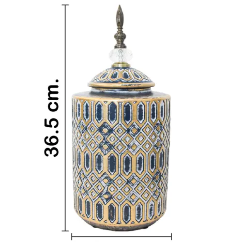 Tibor de cerámica azul con dorado diseño rombos de 15.8×15.8x39cm