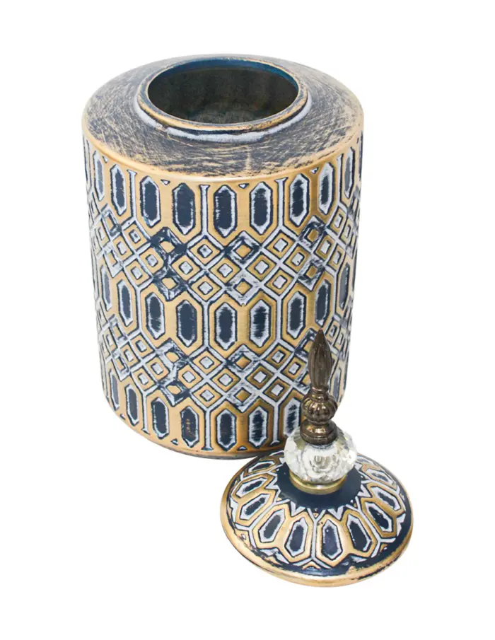 Tibor de cerámica azul con dorado diseño rombos de 15.8x15.8x39cm - Image 3