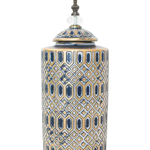 Tibor de cerámica azul con dorado diseño rombos de 15.8×15.8×43.5cm