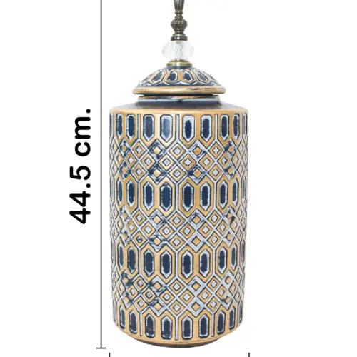 Tibor de cerámica azul con dorado diseño rombos de 15.8×15.8×43.5cm