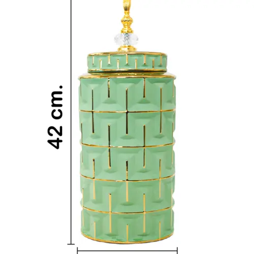 Tibor de cerámica verde con dorado de 17x17x43cm