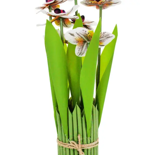 Ramo artificial de orquideas en base blanco con violeta de 15x15x31cm