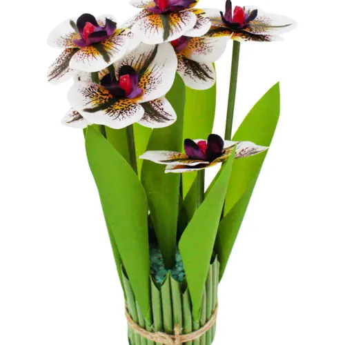 Ramo artificial de orquideas en base blanco con violeta de 15x15x31cm