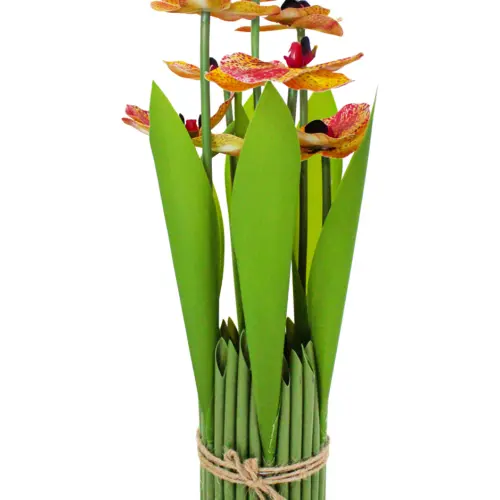Ramo artificial de orquideas en base amarilla jaspeada de 15x15x31cm