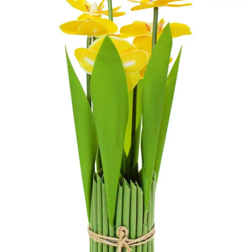 Ramo artificial de orquideas en base amarilla de 15x15x31cm
