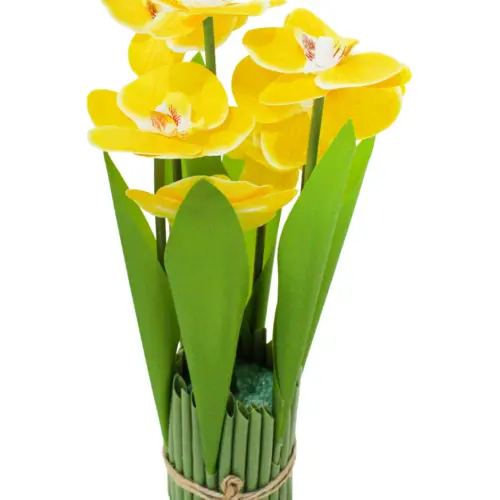 Ramo artificial de orquideas en base amarilla de 15x15x31cm