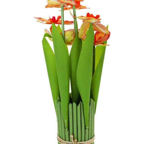 Ramo artificial de orquideas en base naranja de 15x15x31cm
