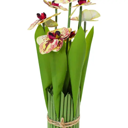 Ramo artificial de orquideas en base rosa con beige de 15x15x31cm