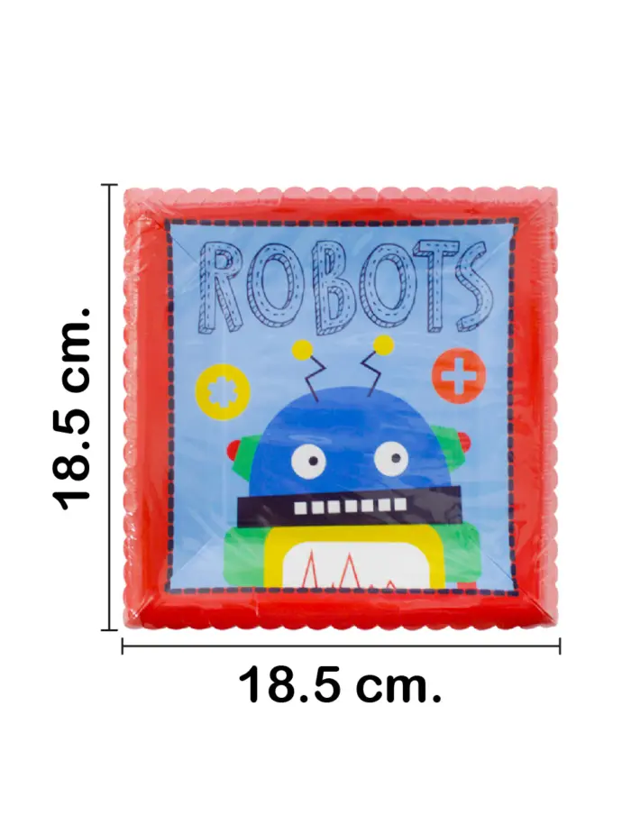 Paquete de 8 platos desechables estampado robot de 18.5x18.5x1.3cm - Image 2