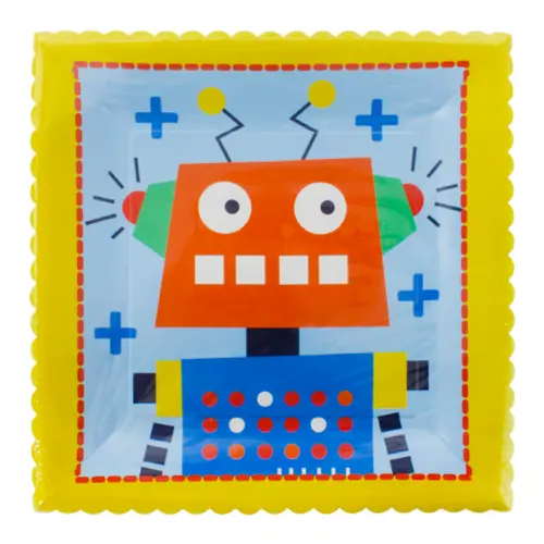 Paquete de 8 platos desechables estampado robot de 23x23x1.8cm